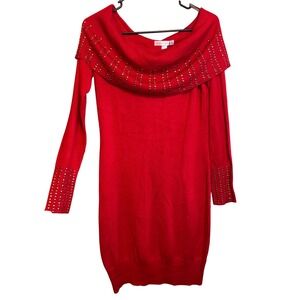 Emma & Posh Womens Studded Off The Shoulder Long Sleeve Sweater Dress Red Medium